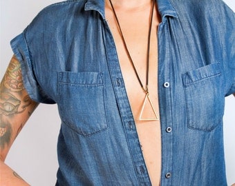 Brass and Leather Triangle Necklace | Geometric Layering Jewelry | Long Necklace | Deerskin Leather Pendant Necklace