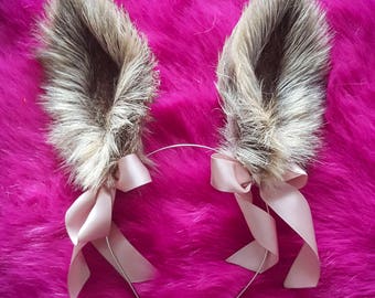 Light Beige-Gray Fluffy Realistic Bunny Rabbit Ears Faux Fur Ears Kawaii Bunny Cosplay Handmade Costume Faux Fur Ears