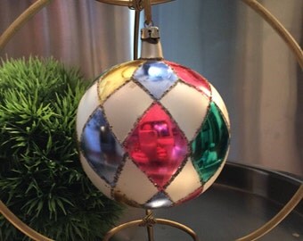 Large christmas ornament, christmas decorations, 1950s christmas decoration, harlequin, vintage christmas,red, blue, ornament, mercury glass