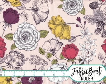 BLUSH PINK FLOWERS Fabric by the Yard, Fat Quarter Sketched Roses Fabric Floral fabric 100% Cotton Fabric Apparel Fabric Quilt Fabric a2-31