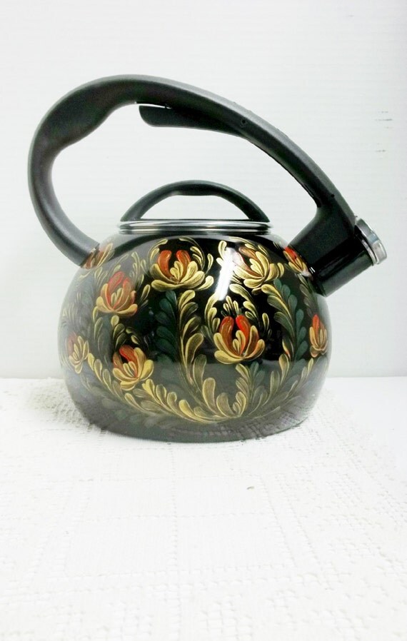 Tea Kettle Black Enamel Hand Painted Scandinavian Design