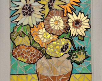 Van Gogh Sunflower Stained Glass Panel - Van Gogh Stained Glass Sunflower Mosaic Panel - Stained Glass Van Gogh Sunflowers Mosaic