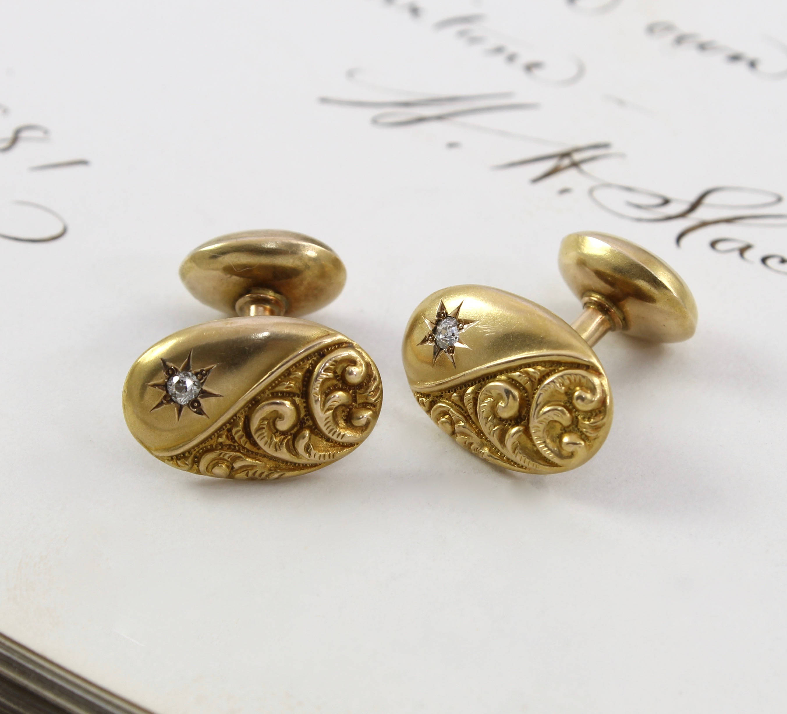 Antique 14k Diamond Cufflinks Victorian Yellow Gold Repousse