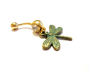 Dragonfly Belly Button Ring, Dragonfly Jewelry, Spiritual Body Jewelry, Radiant Bronze and Green Patina Dragonfly Charm, Gold Navel Ring