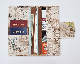 Travel wallet, Family travel holder, Travel document organizer, Boarding pass cover, Passport wallet, Map print, Compass, Brown