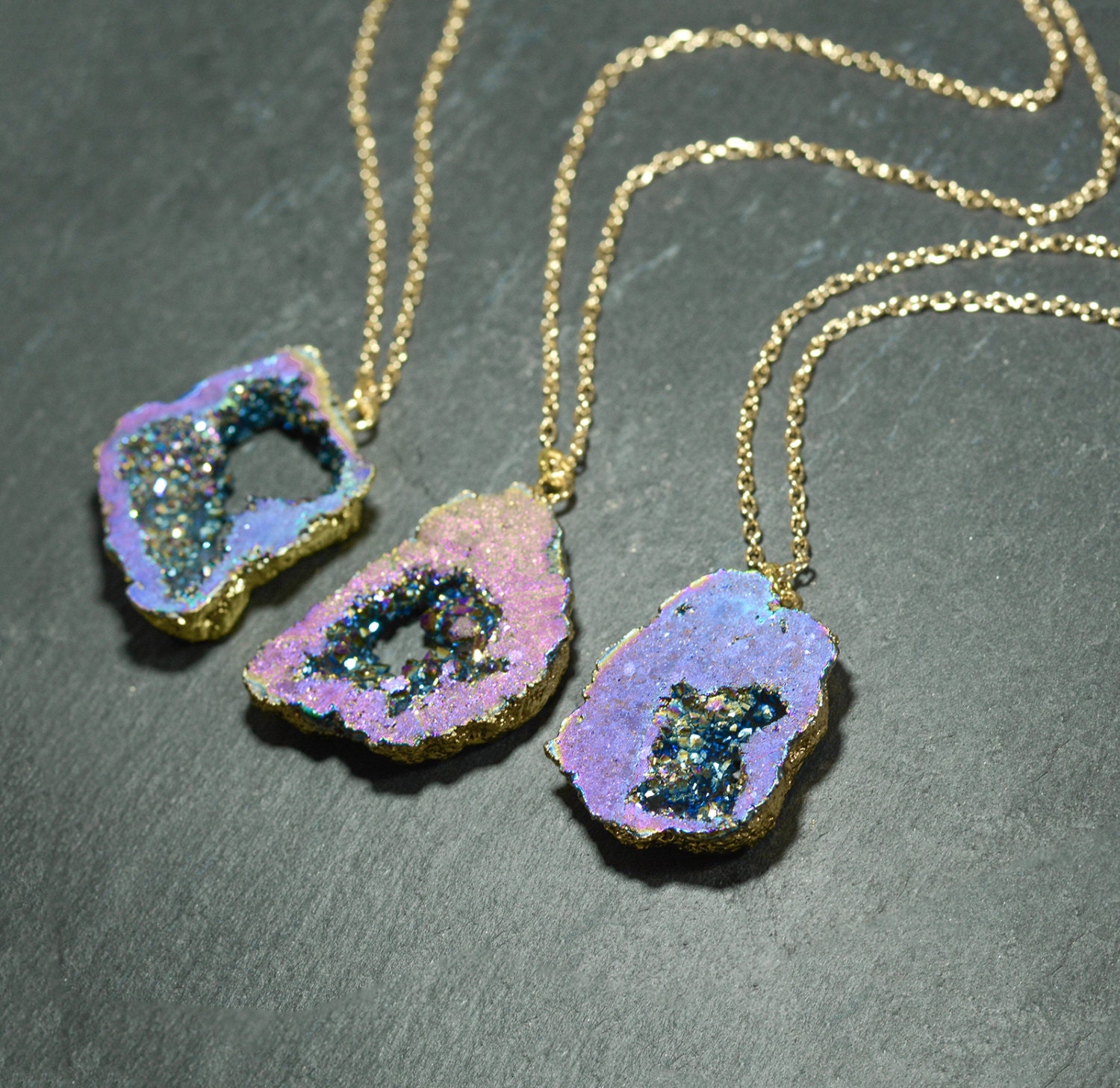 Rainbow Quartz Crystal Druzy Slice Necklace Healing Stone