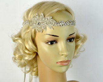 Long Bridal Headband Crystal Rhinestone Wedding Headband Headpiece, Halo Bridal Flapper 1920s Great Gatsby Headband Headpiece
