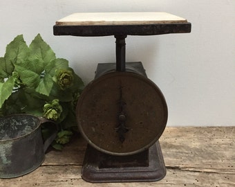 Antique Kitchen Scale Ceramic Top Rusty Black Chippy Brass Face Primitive Farmhouse Cottage Shabby Chic Antique Country Living Fixer Upper