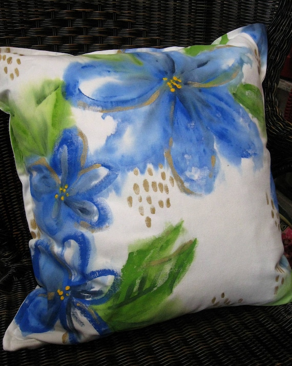 Hand Painted Pillow Cover - Watercolor Blue flowers