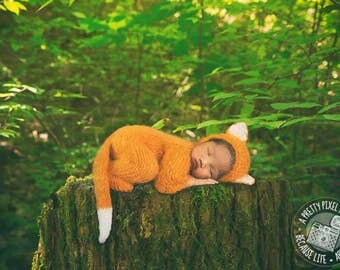 Footed Baby Fox jammys and Bonnet set - 0-9 months Baby footie - Baby fox pajamas- Baby fox overalls- baby bodysuit - newborn prop