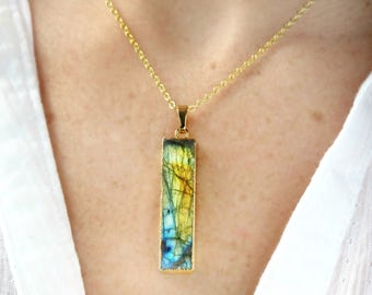 Labradorite Necklace-Mothers Day Gift-Gift for Mom-Labradorite Bar Pendant-Natural Gemstone Necklace-Gift for Her-Gemstone Jewelry