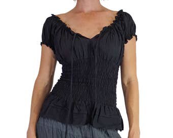 SS PEASANT BLOUSE - Zootzu Pirate Renaissance Festival Costume Chemise Gypsy Top Pirate Steampunk Shirt Corset Top - Black