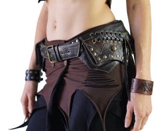 LACE - Handmade Leather Utility Belt With Pockets Renaissance Zootzu Hip Pouch Belt Festival Burning Man Belt Steampunk Belt- BLACK