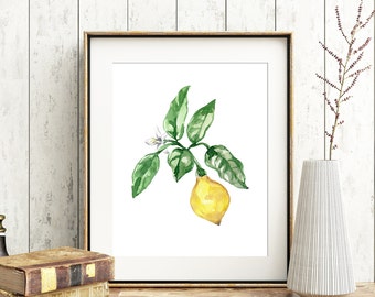 Lemon No. 102, Lemon Watercolor Art, Vintage Inspired Lemon Art, Lemon Watercolor Print, Fruit Print, Kitchen Lemon Art, Lemon Decor, Yellow