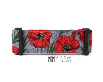 Girl Dog Collar, Poppy Dog Collar, Floral Dog Collar, Flower Dog Collar, Pretty Dog Collar, Red (Upgrade to Metal Buckle or Martingale)