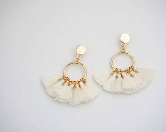Cream Tassel Hoop Earrings