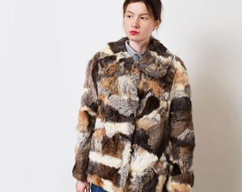 1970s Patchwork Rabbit Fur Jacket 70s Vintage Mixed Real Fur Short Coat XS S