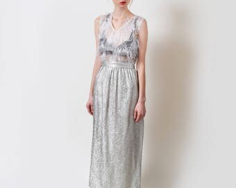 1970s Metallic Silver Column Skirt 70s Vintage Sparkly Maxi Skirt Waist 27 S