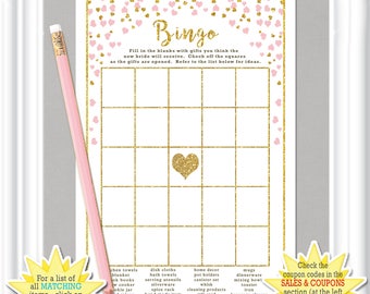 Bridal Shower BINGO with gold glitter (digital) accents & pale blush colored hearts, diy PRINTABLE, fill in the squares bridal bingo 33BR