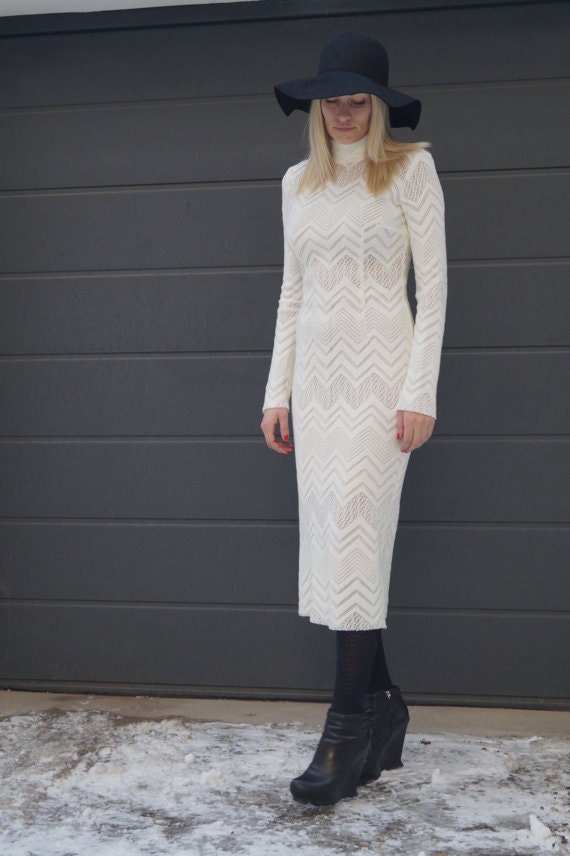 White Knit Dress/Long Sleeves Dress/Dress/Pencil