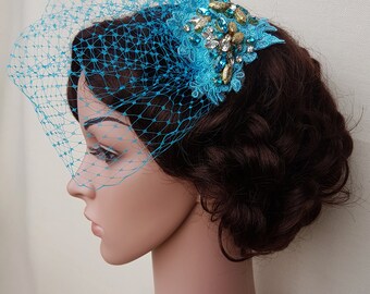 Turquoise veil, turquoise birdcage veil, turquoise wedding, blue birdcage veil, turquoise and gold, blusher veil, small veil, DANI