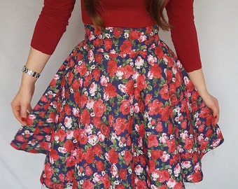 Divine - Floral Handmade Full Circle Swing Skirt - Red/Navy/White - 1950's Pin up Vintage Style - High Waisted