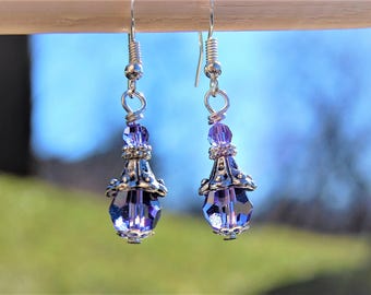 Purple Earrings, Swarovski Earrings, Simple Silver Everyday Dangle Earings, Victorian Style Jewelry, Gift for her, Wife, Mothers day gift