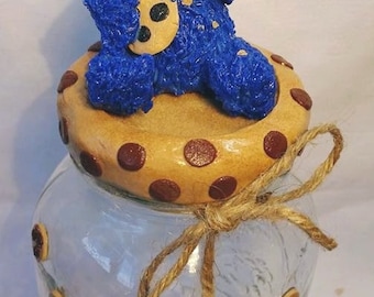handmade, polymer clay, cookie monster, treats jar, home and living,money jar, gift for her, gift for him, ooak gift, mason jar, storage jar
