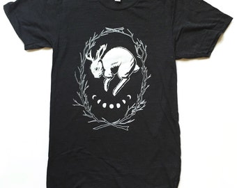 Unisex t-shirt, black jackalope shirt, occult, goth, nature inspired, moon phases, American Apparel, made in USA, witchy shirt
