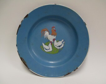 Vintage German Enamelware Child's Plate, Antique Germany Rooster Enamel Bowl, Blue White Chippy Hen Chicken Dish