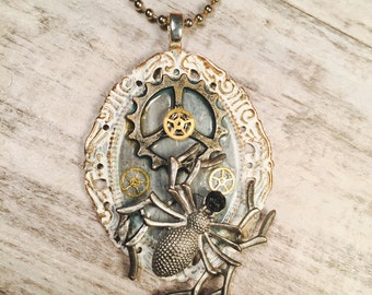Steampunk Necklace, Spider Pendant, Distressed Patina Pendant, Steampunk Spider Necklace, Brass Gears, Halloween Necklace