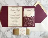 Laser Cut Pocket Wedding Invitation, Burgundy and Gold Glitter Wedding Invitation, Marsala Invitation, Wine Invitation, laser invitation