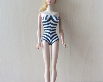 Vtg BARBIE No. 3 Ponytail 1958 Blonde Hair Pale Skin Transitional 3/4 Turquoise Eyes Blue Eyeliner B&W Swimsuit RN Outfit - VIDEO!