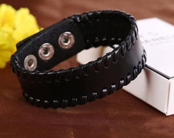 Quality Genuine Leather Cuff Bracelet in Black/Woven leather on the sides/Adjustable 3 snap clasp to fit Men & Women/Great Gift under 20/C-5