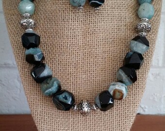 Agate Necklace, Agate Jewelry, Black Jewelry, Blue Jewelry, Big Chunky Statement Necklace, Bold Necklace, Stone Jewelry, Stone Necklace, Set