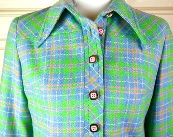 French Vintage Plaid Jacket, Green Pink Blue Tartan Blazer, Wide Collar Plaid Summer Jacket: Size 12 (US), Size 14 (UK)