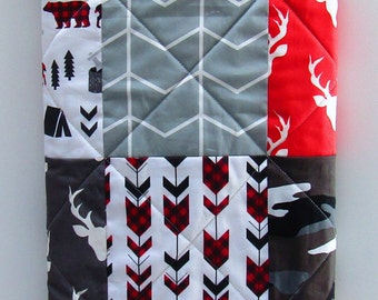 Modern Baby Quilt, Rustic Woodland Baby Bedding, Charcoal-Gray-Red-Camo-Plaid-Arrows-Deer-Bear-Buck-Antler-Chevron-Hunting Baby Blanket