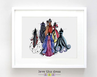 Disney Villain Sketch Watercolor Print - Disney Villain Art Gift - Villains Dress Illustration Art - Fine Art Sketch Print