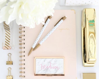 Gold Business Card Holder -Marble Print Full Name Personalized Monogram