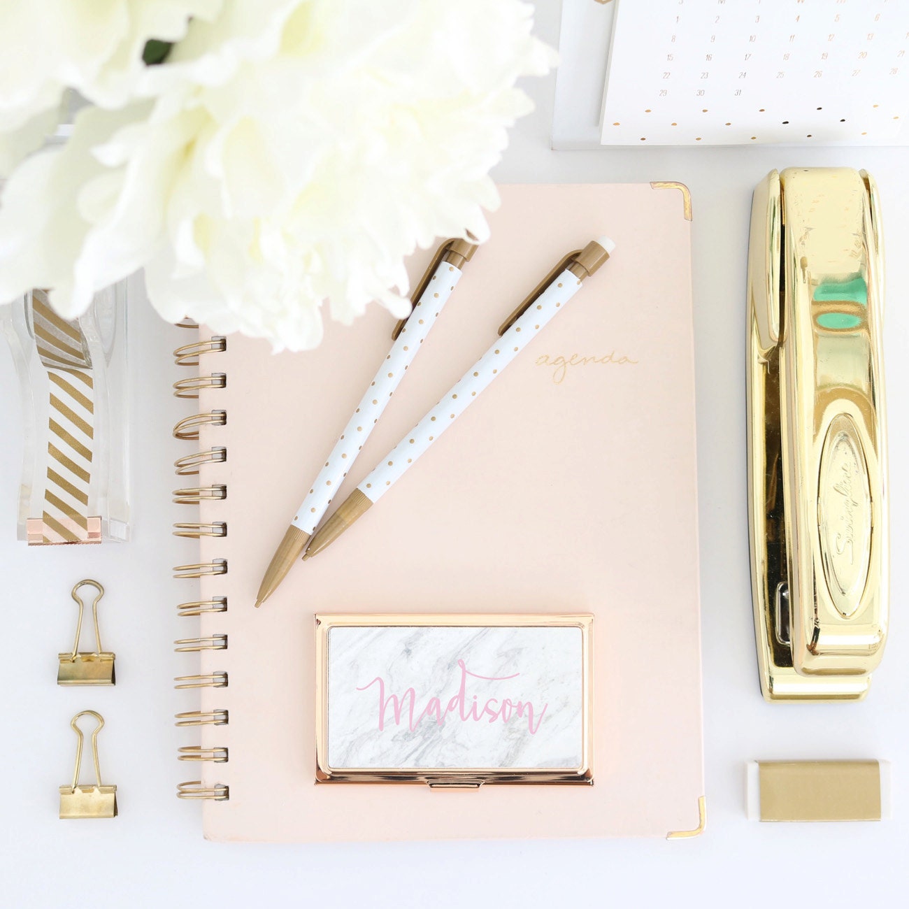 Gold Business Card Holder Marble Print Full Name Personalized