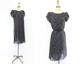 Black Floral Dress Vintage 80s Dress 80s Party Dress Puff Sleeve Dress 80s Summer Dress Sheer Floral Dress 80s Midi Dress Boho Dress xs