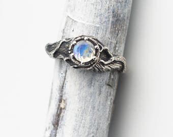 Rainbow Moonstone Ring, Nature Ring, Moonstone Engagement Ring, Sterling Silver Twigs, Branches Jewelry, Gem Stone