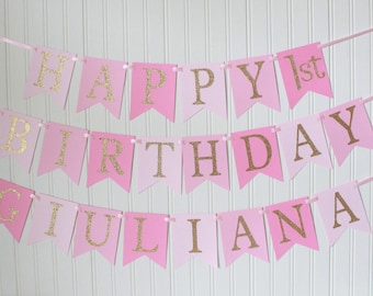 Gold, Pink, Ombre, Happy Birthday Banner/ Girl Birthday/ Princess Party/ Party Decorations/ Custom Name/ Personalized
