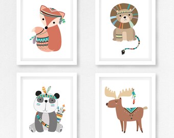 Boho Nursery Decor, Tribal Nursery Art, Woodland Nursery Decor, Tribal Woodland Animals, Tribal Animals Nursery Wall Art, Baby Shower Gift