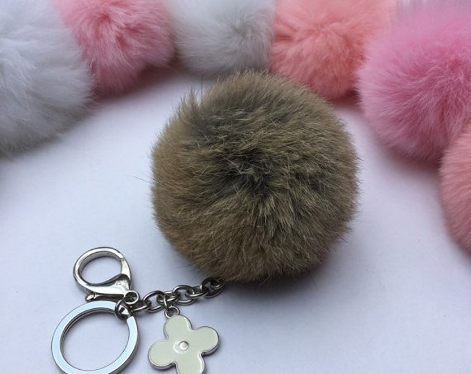Silver Summer Series No dye Rabbit fur pompom keychain ball with flower bag charm