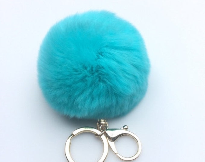 Aqua fur ball key chain fur bagcharm pom pom