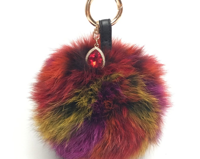 Luxury Oversized Genuine Fox Fur Pom Pom Keychain Bag Pendant Multicolor frost 14 cm diameter