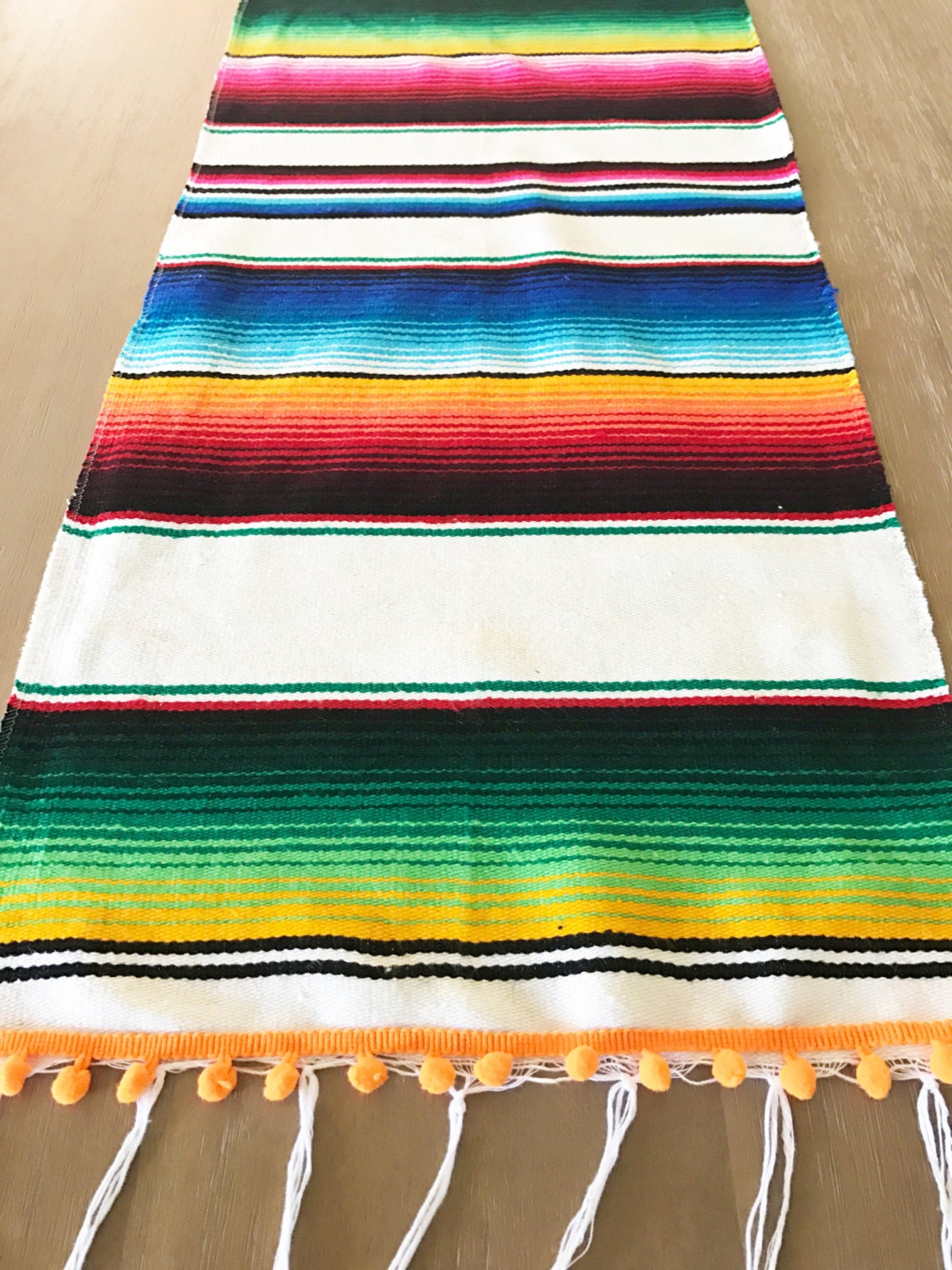 Mexican Serape table runner with Pompom details Southwestern