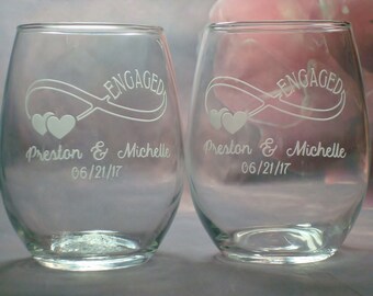 Set of Engaged Infinity Design Personalized 13 oz stemless wine glasses | Engaged Couple Gift | Engaged Wine Glasses | Engagement Gift