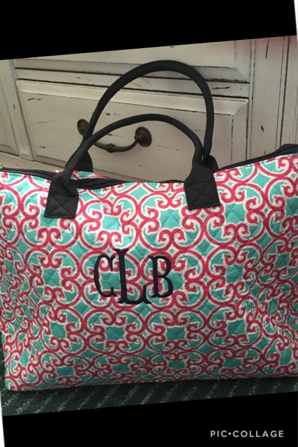 Monogram Tote, Large Quilted Shoulder Tote, Monogram Swirl Quilted Tote Bag, Personalized Tote Bag, Embroidered Tote, Pink, Turquoise